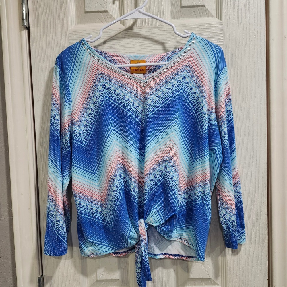 Ruby Rd Womens Blue Chevron Paisley Tie Front Studded V-Neck Top Size Small